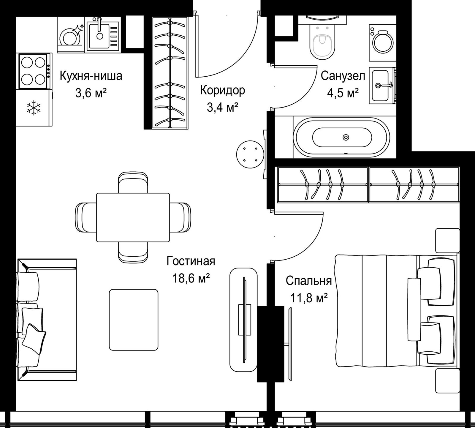 1-комнатная квартира, 41,9 м²