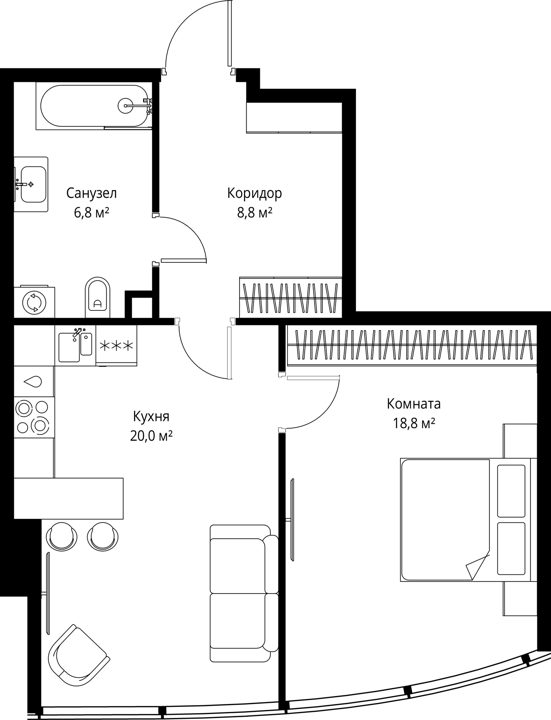 1-комнатная квартира, 54,4 м²