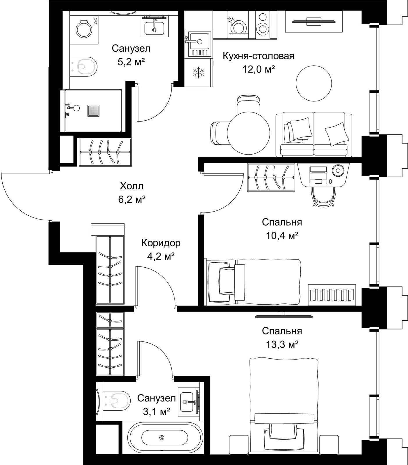 2-комнатная квартира, 54,4 м²