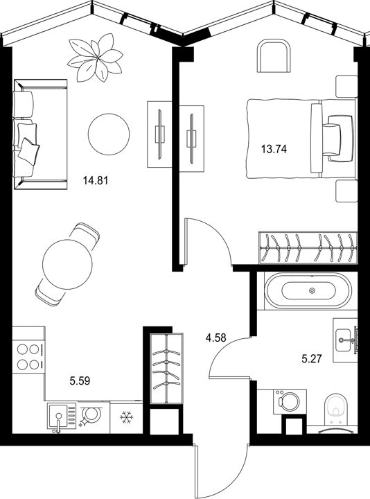 1-комнатная квартира, 44 м²
