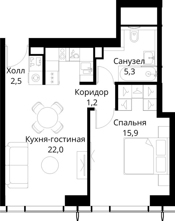 1-комнатная квартира, 46,9 м² — фото 1