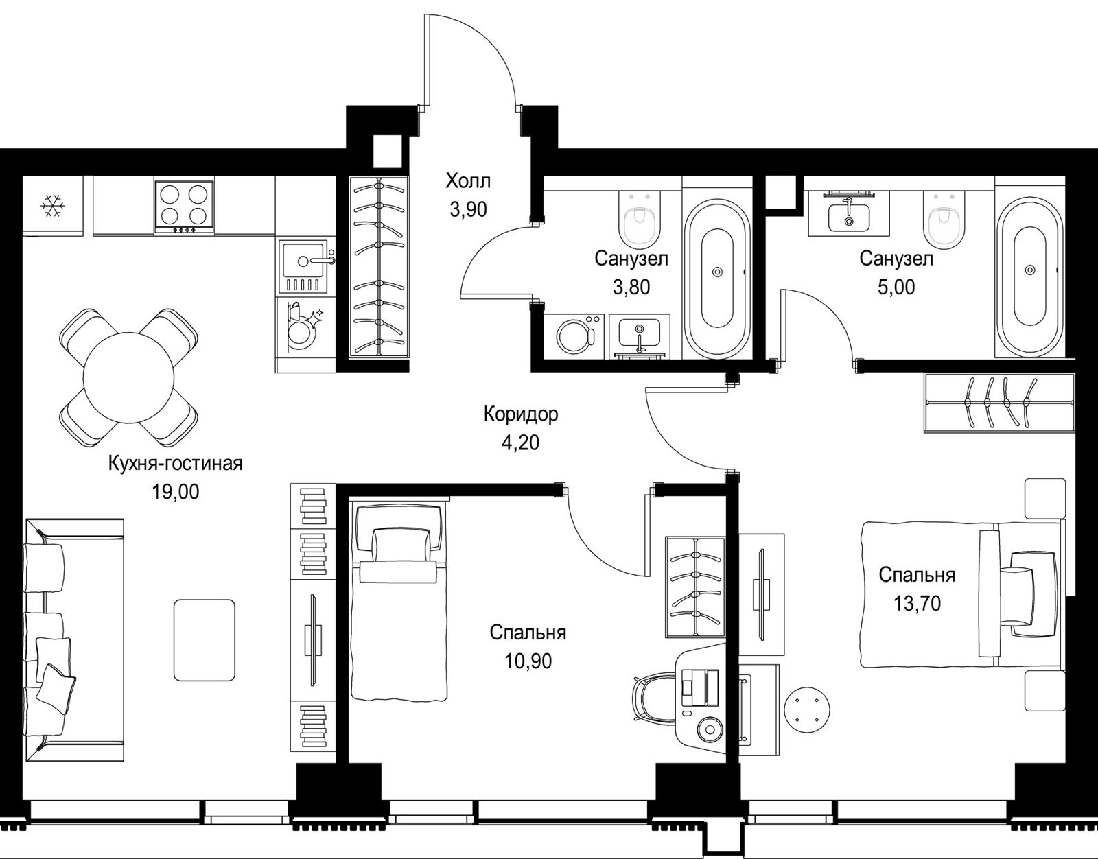2-комнатная квартира, 60,5 м²