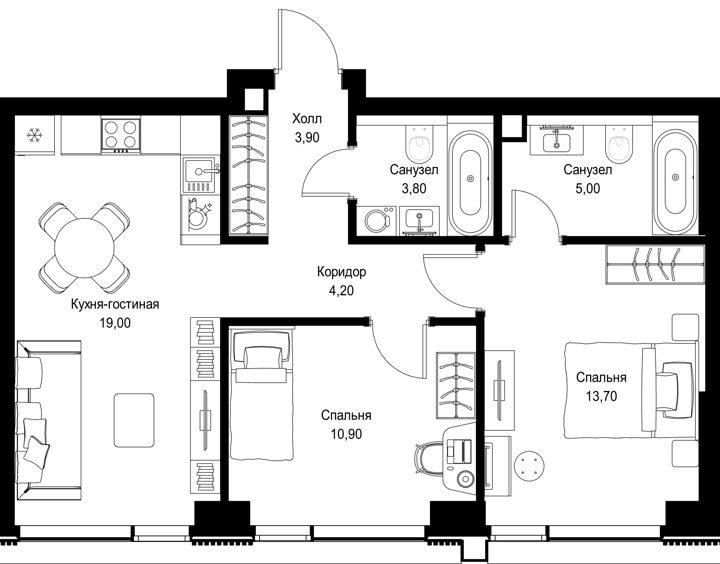 2-комнатная квартира, 60,5 м² — фото 1