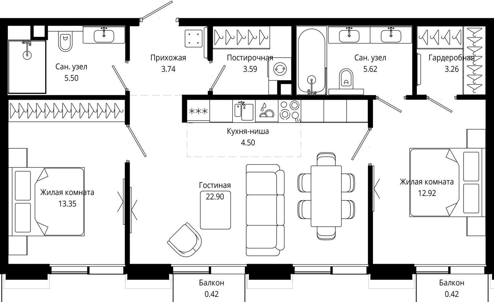2-комнатная квартира, 75,6 м²