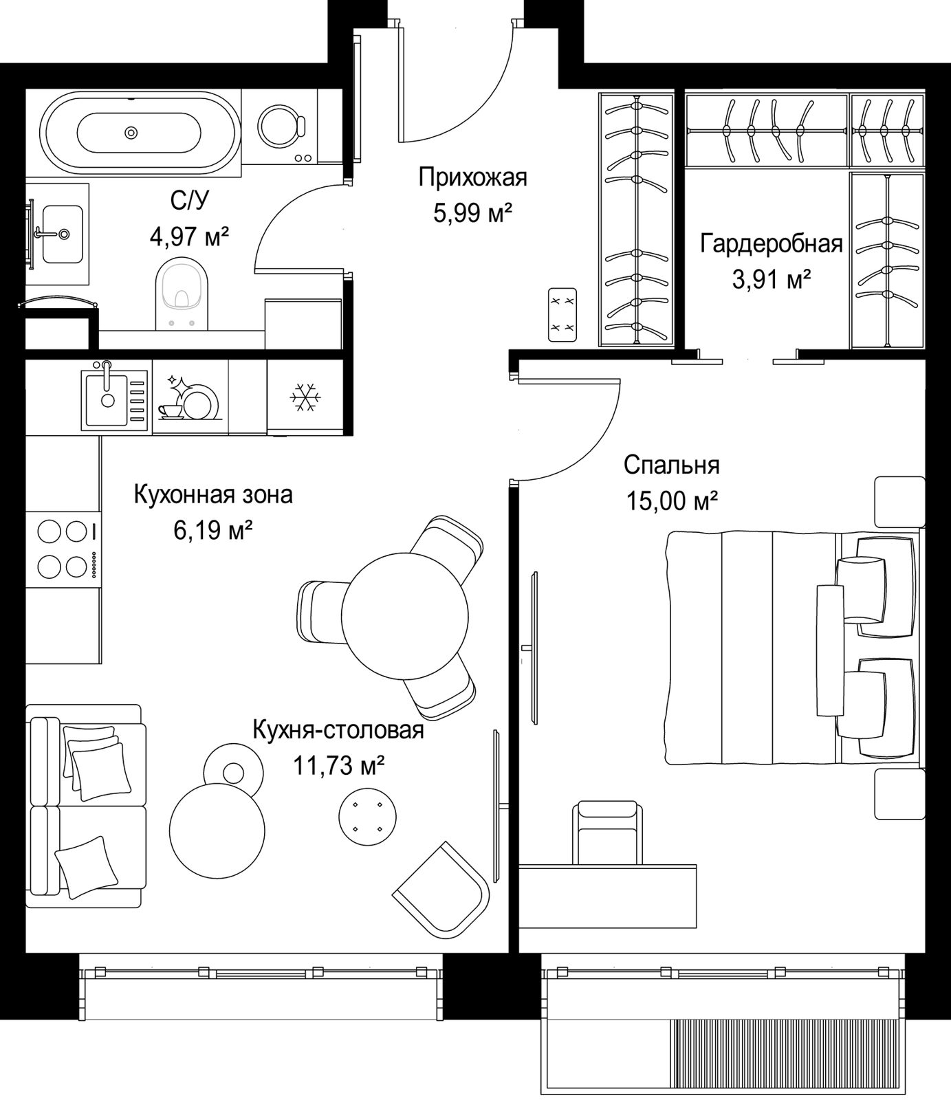 1-комнатная квартира, 47,8 м²