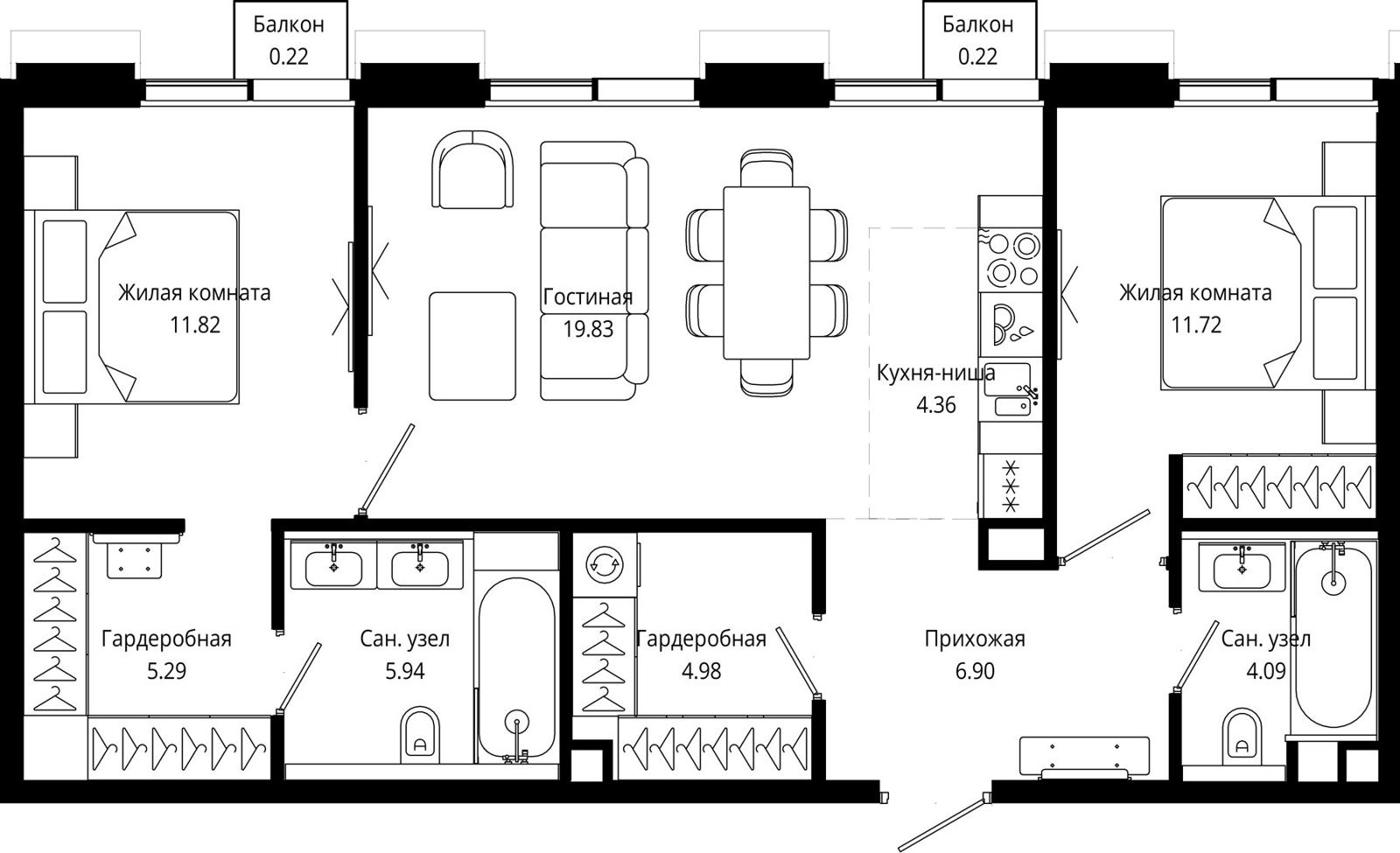 2-комнатная квартира, 75,1 м²