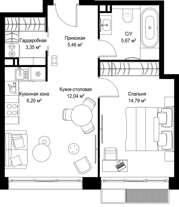 1-комнатная квартира, 47,5 м² — фото 1