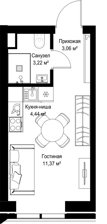 Квартира-студия, 22,1 м²