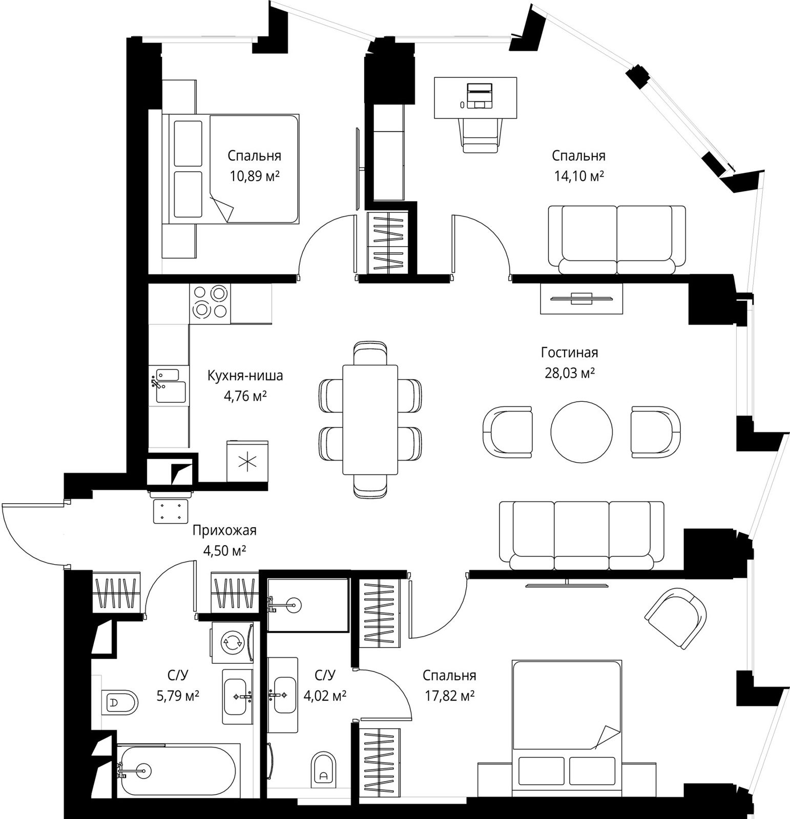 3-комнатная квартира, 90,5 м²