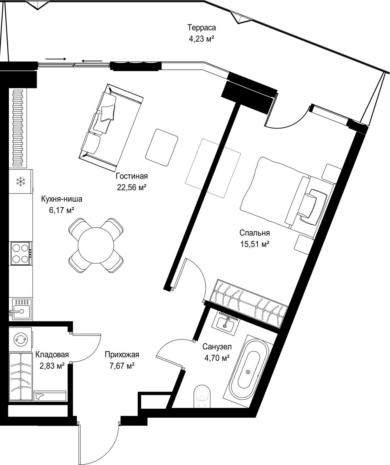 1-комнатная квартира, 63,7 м²