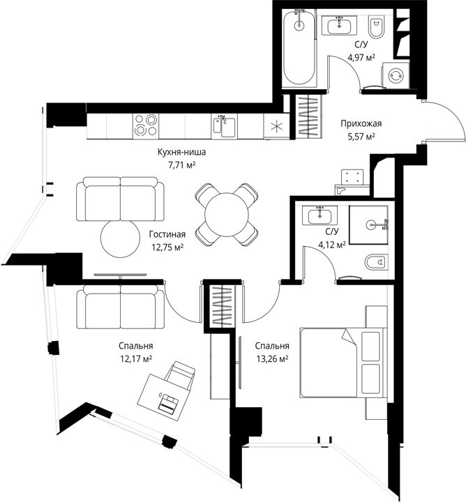 2-комнатная квартира, 60,1 м²