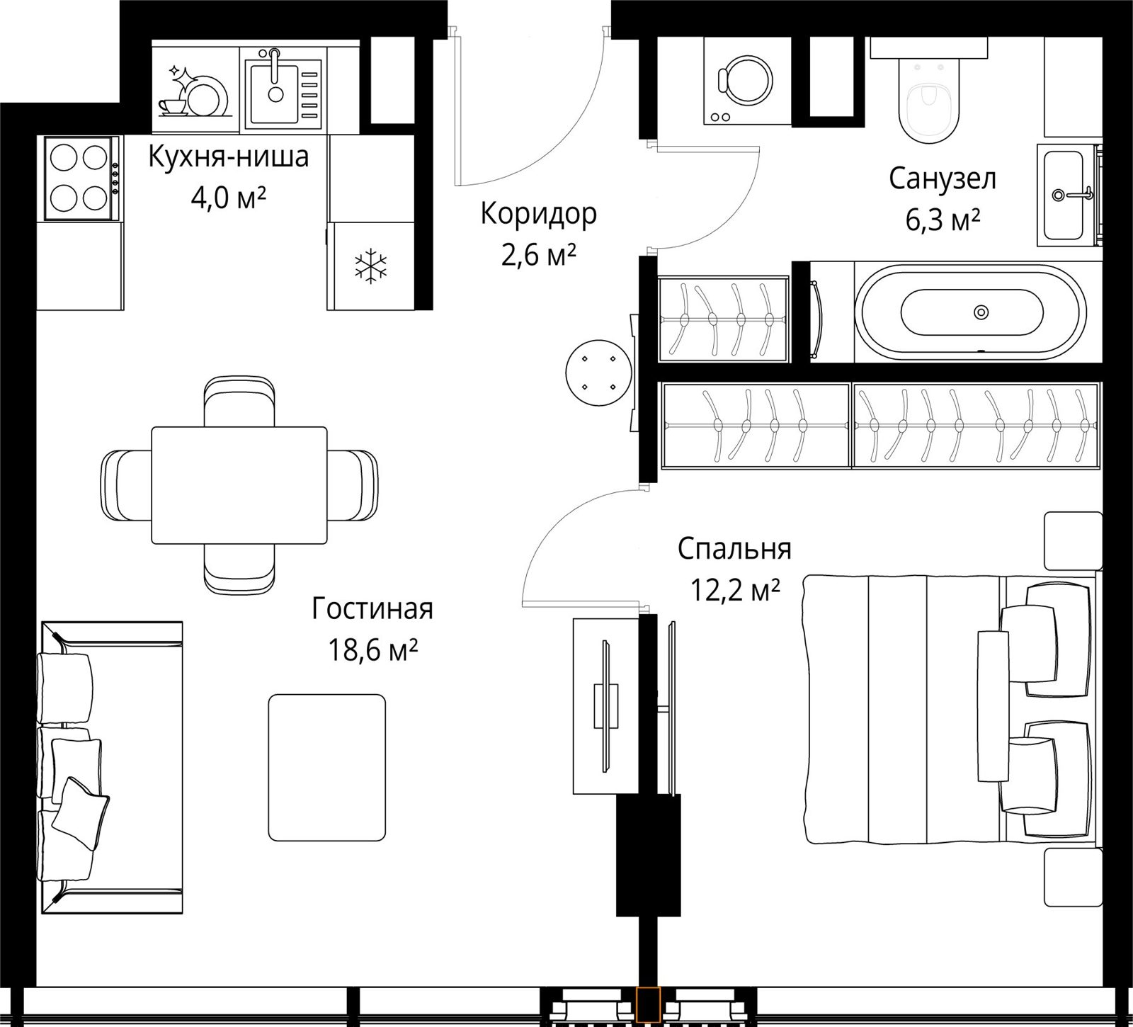 1-комнатная квартира, 43,7 м²