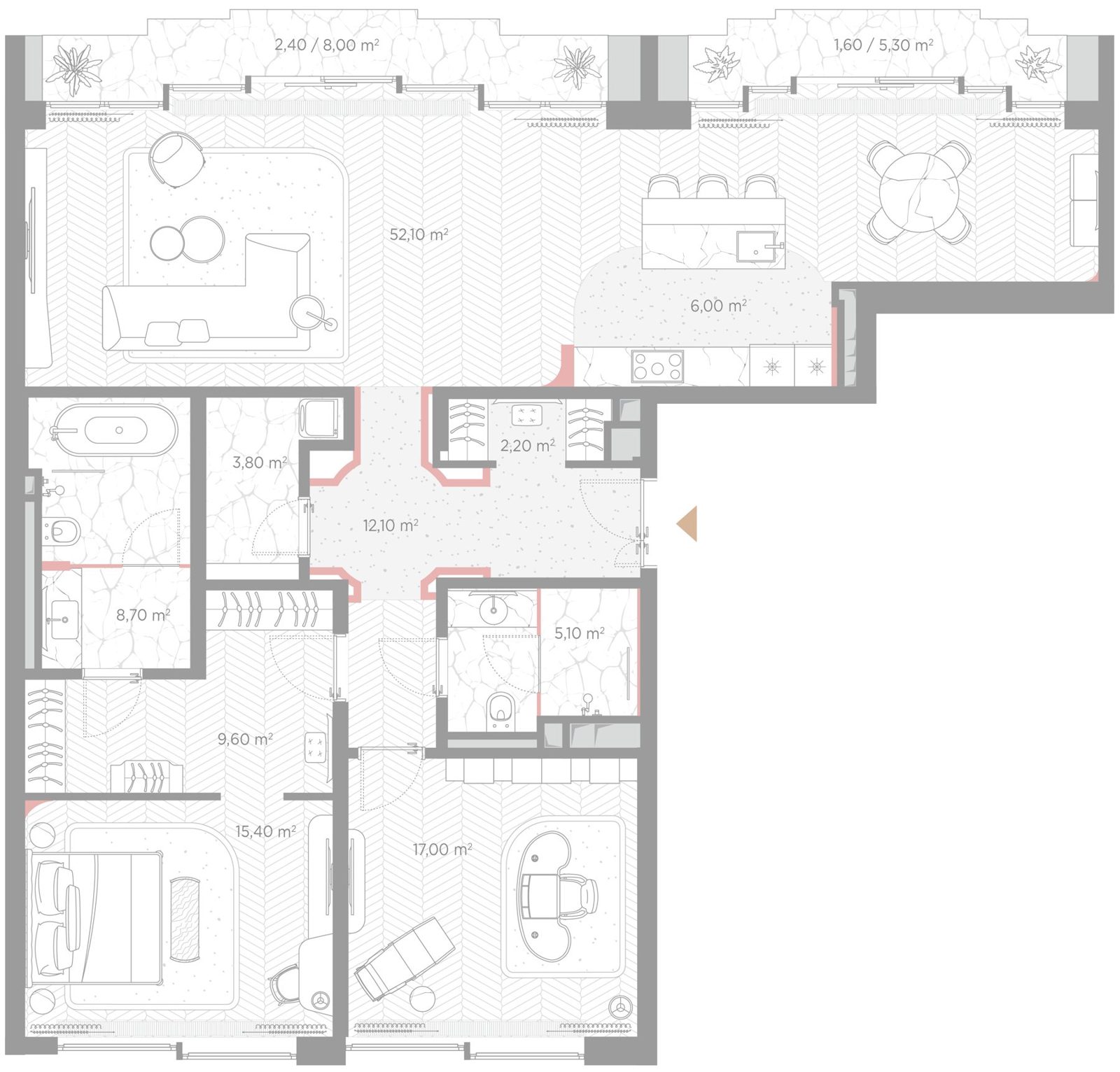 2-комнатная квартира, 136 м²