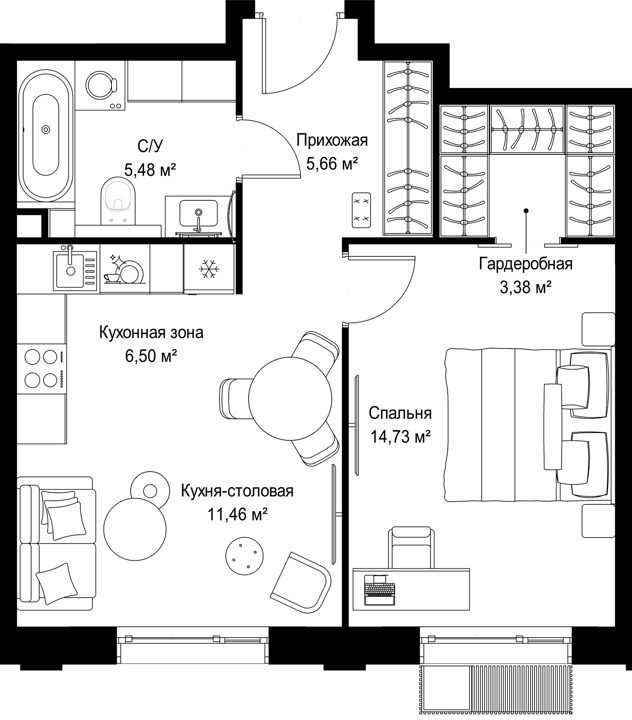 1-комнатная квартира, 47,2 м² — фото 1
