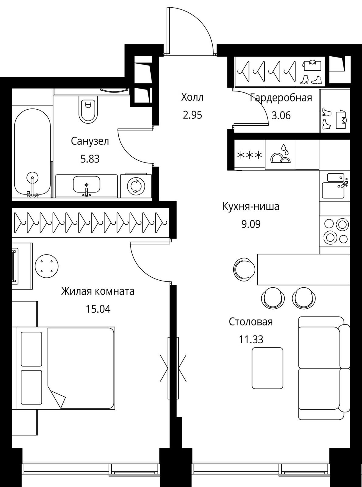 1-комнатная квартира, 47,3 м²