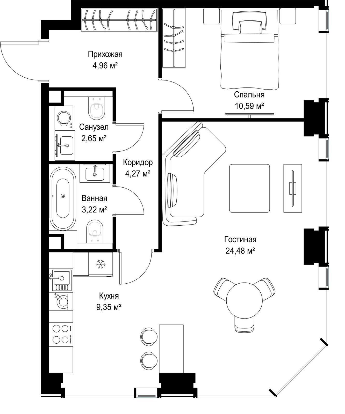 2-комнатная квартира, 59,5 м²