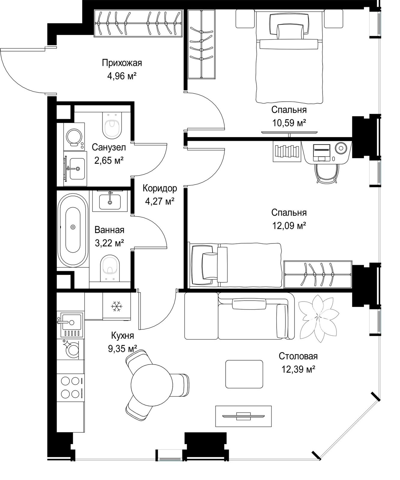 2-комнатная квартира, 59,5 м² — фото 2
