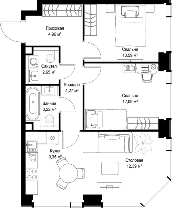 2-комнатная квартира, 59,5 м² — фото 2