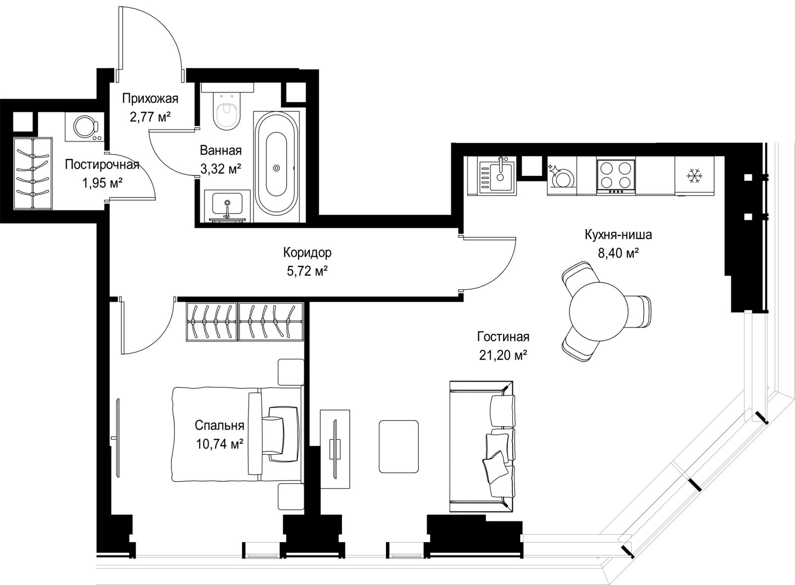 1-комнатная квартира, 54,1 м² — фото 2