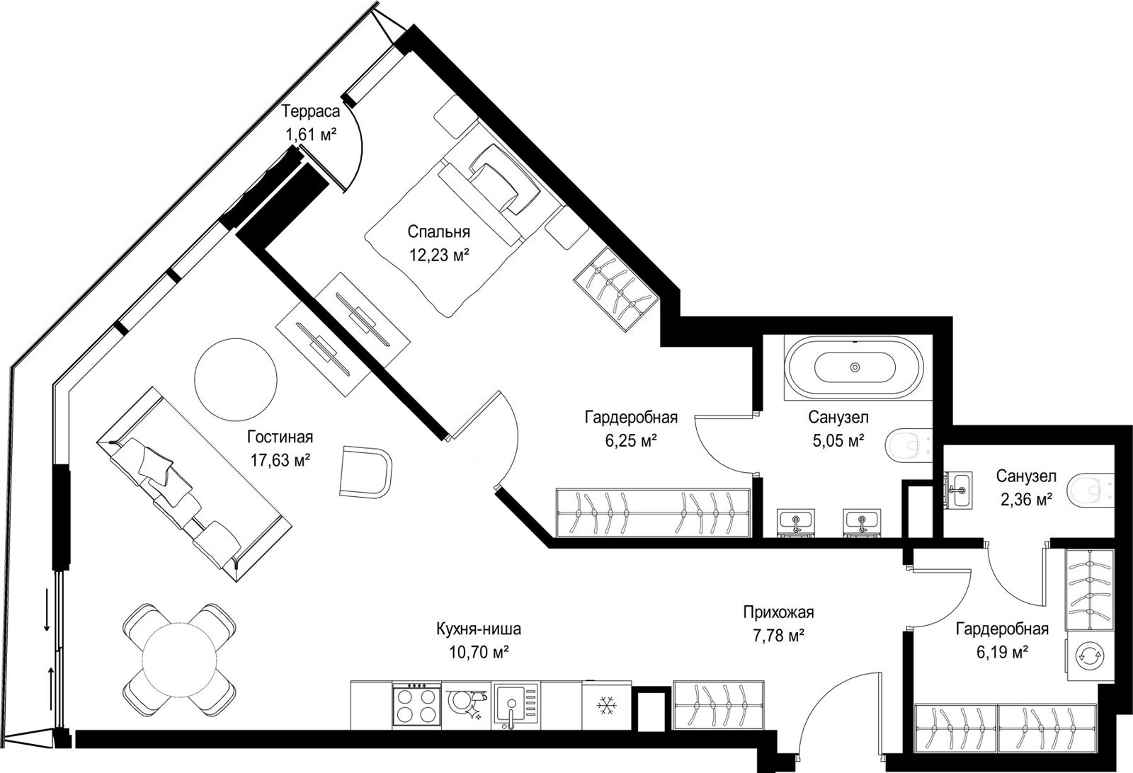 1-комнатная квартира, 69,8 м²
