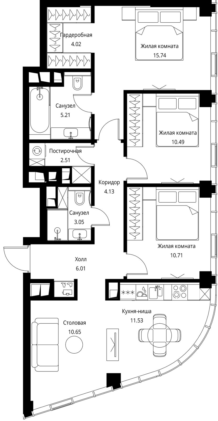 3-комнатная квартира, 84 м²