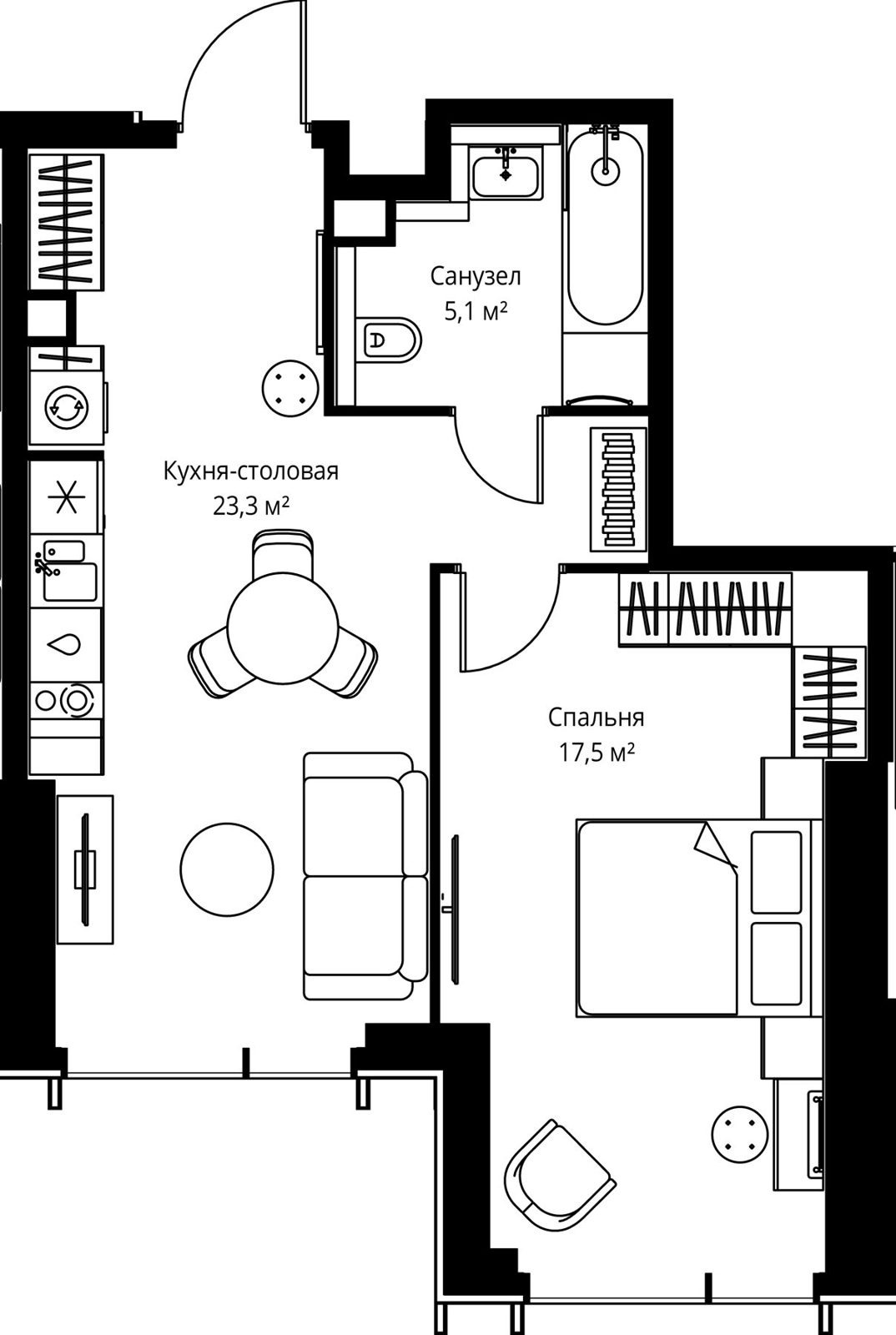 1-комнатная квартира, 45,9 м²