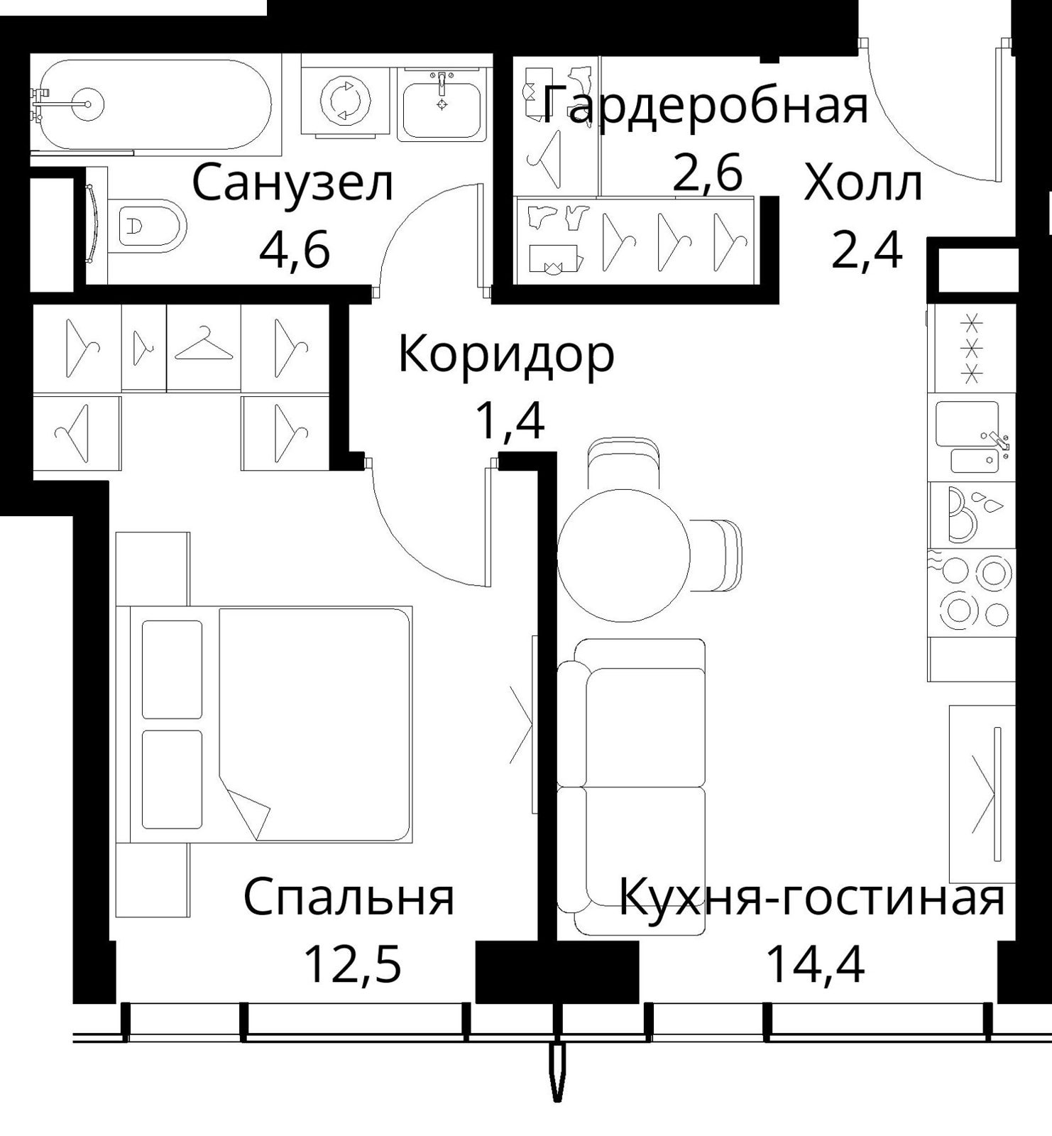 1-комнатная квартира, 37,9 м²