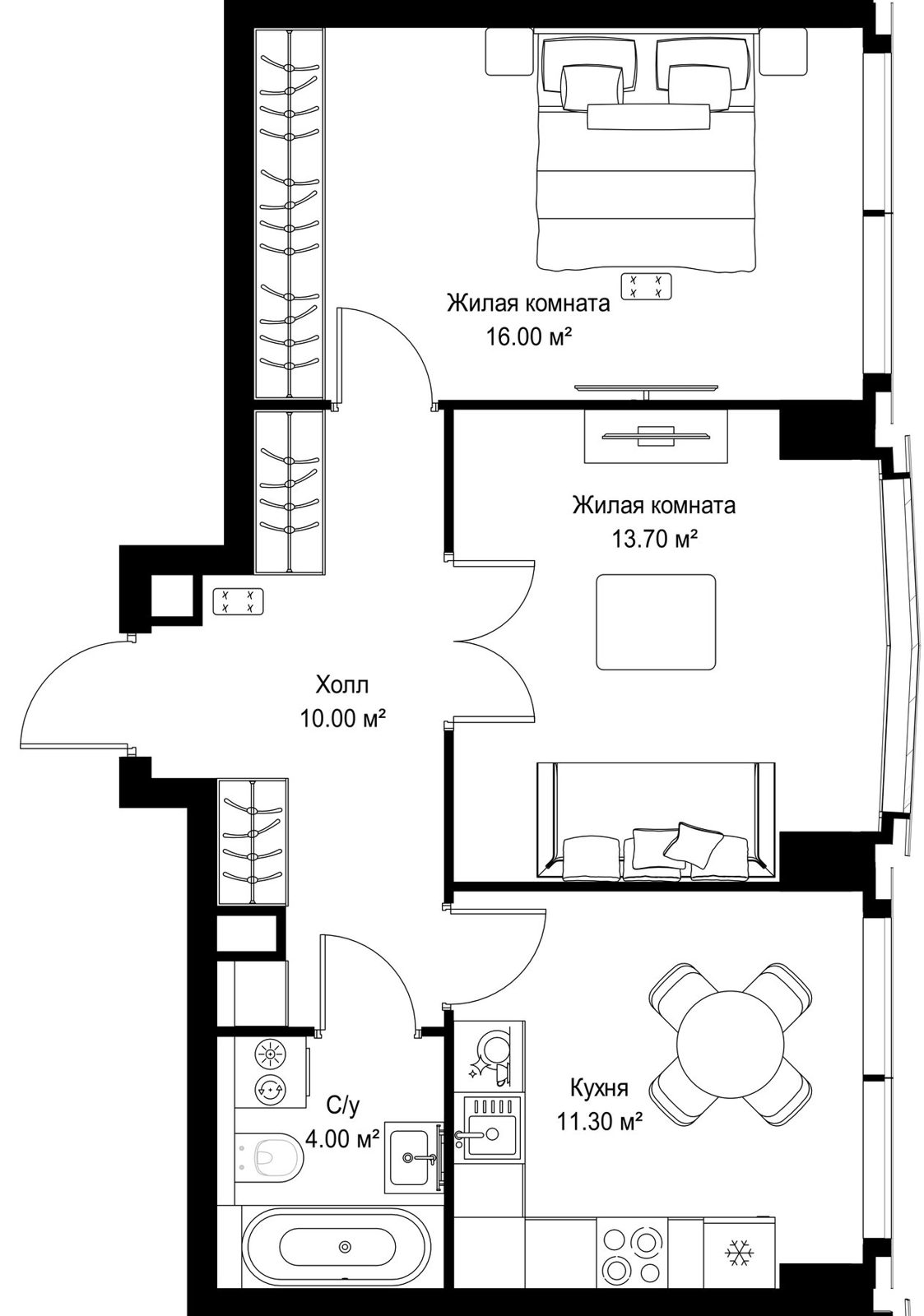 2-комнатная квартира, 55 м²