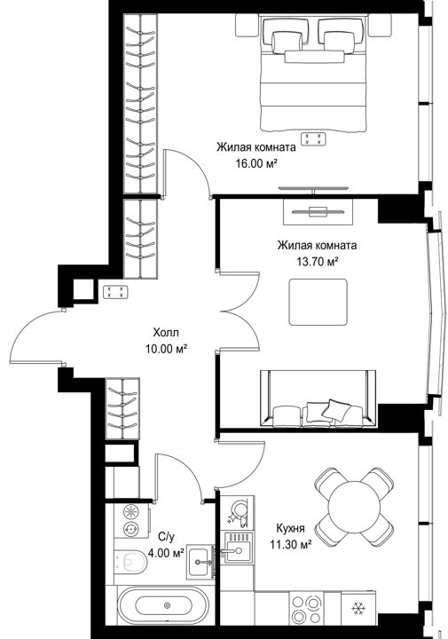 2-комнатная квартира, 55 м²
