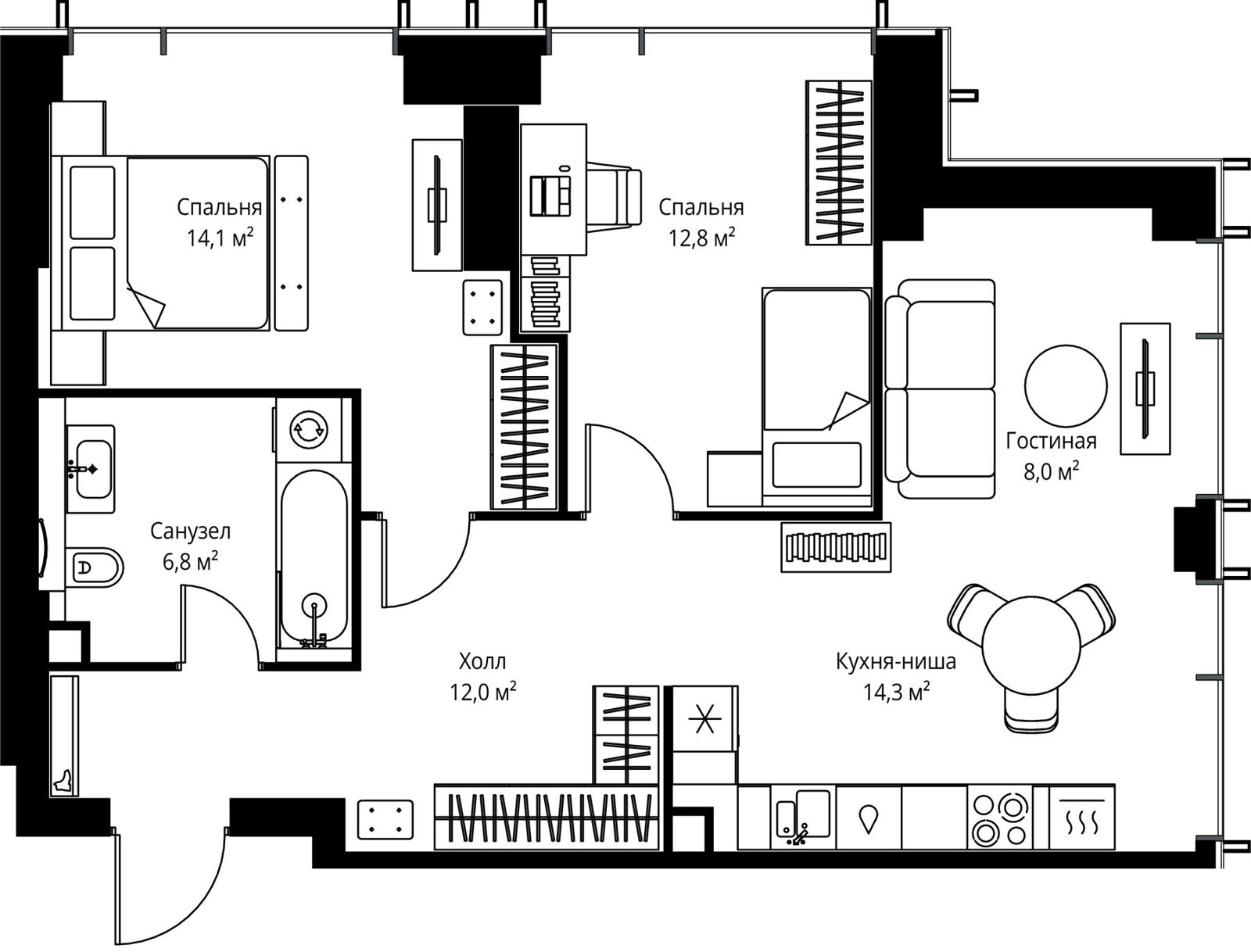 3-комнатная квартира, 68 м²