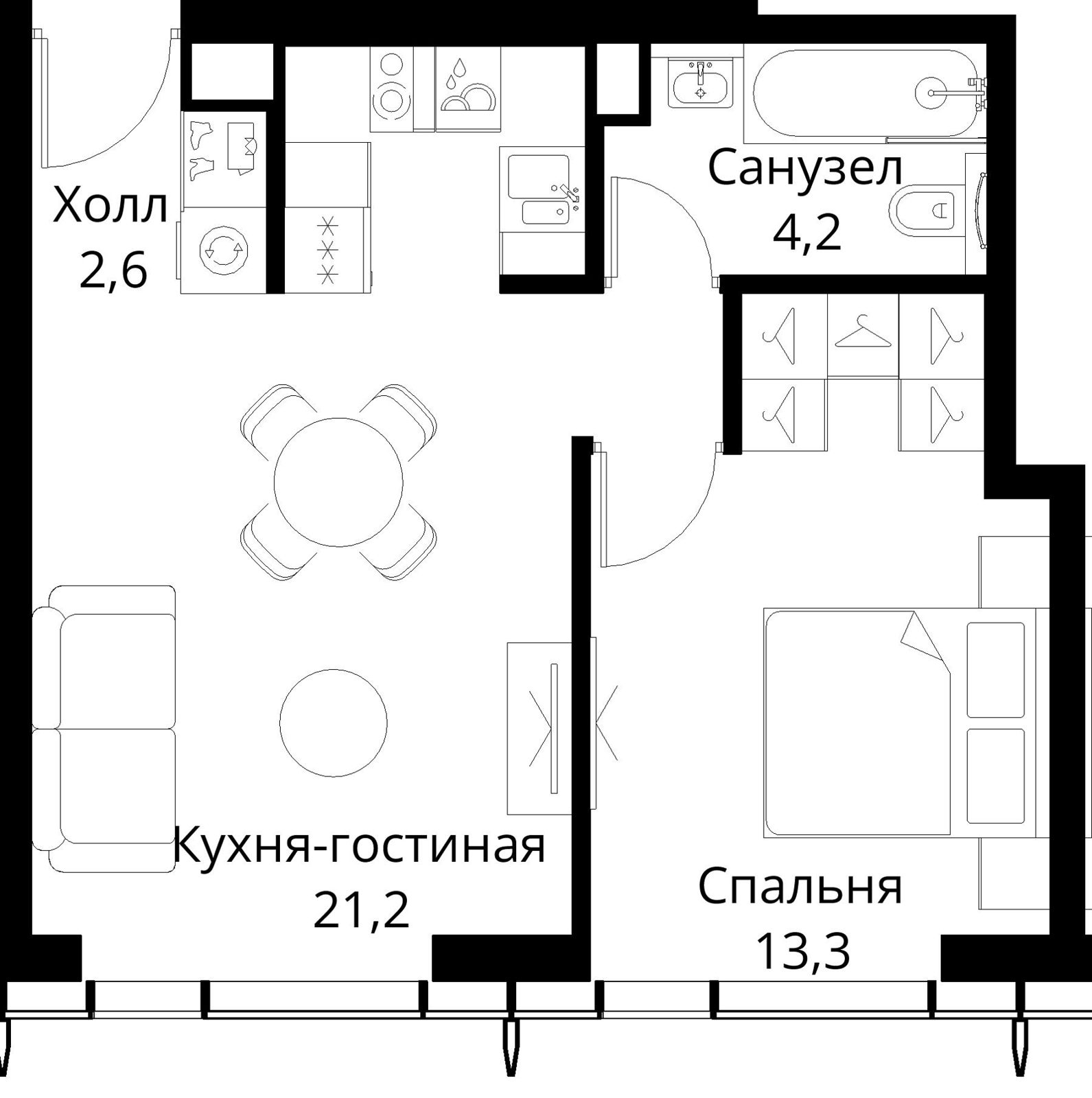 1-комнатная квартира, 42,4 м²