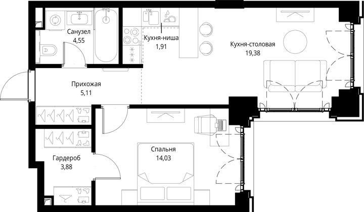 1-комнатная квартира, 48,9 м² — фото 1