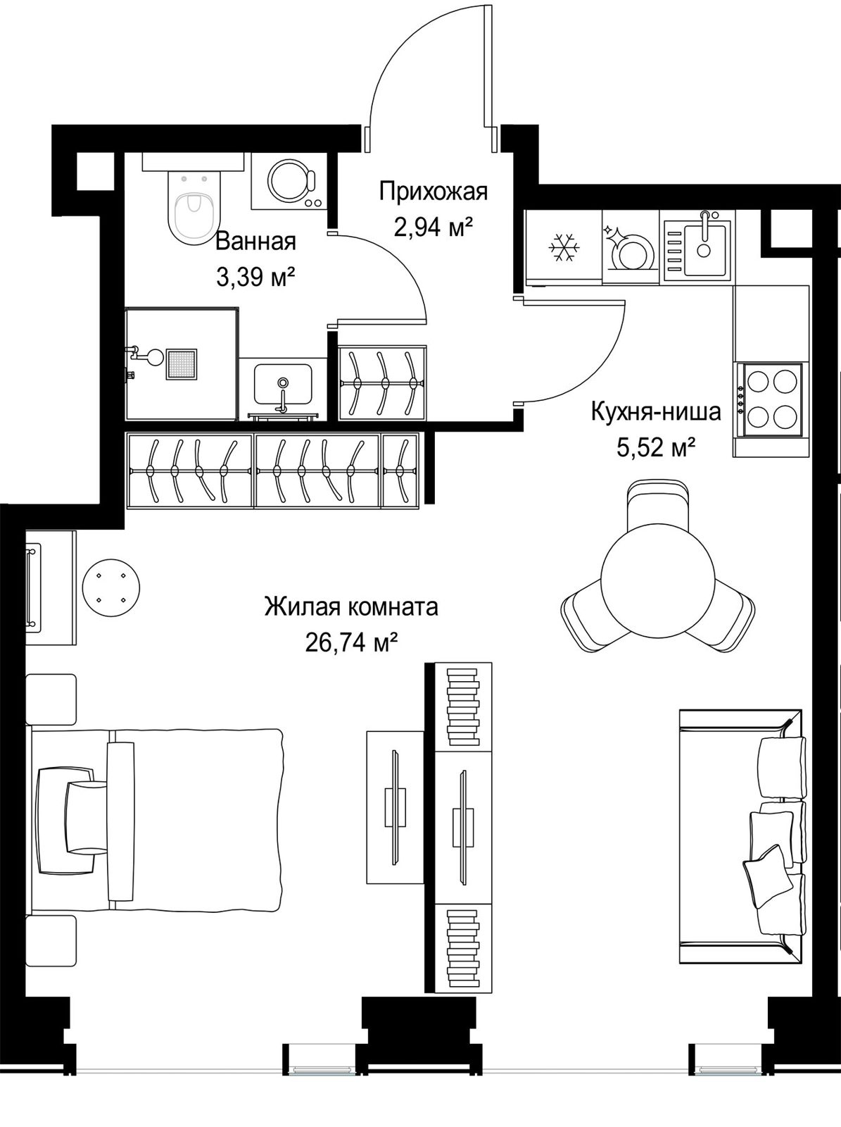 1-комнатная квартира, 38,6 м²