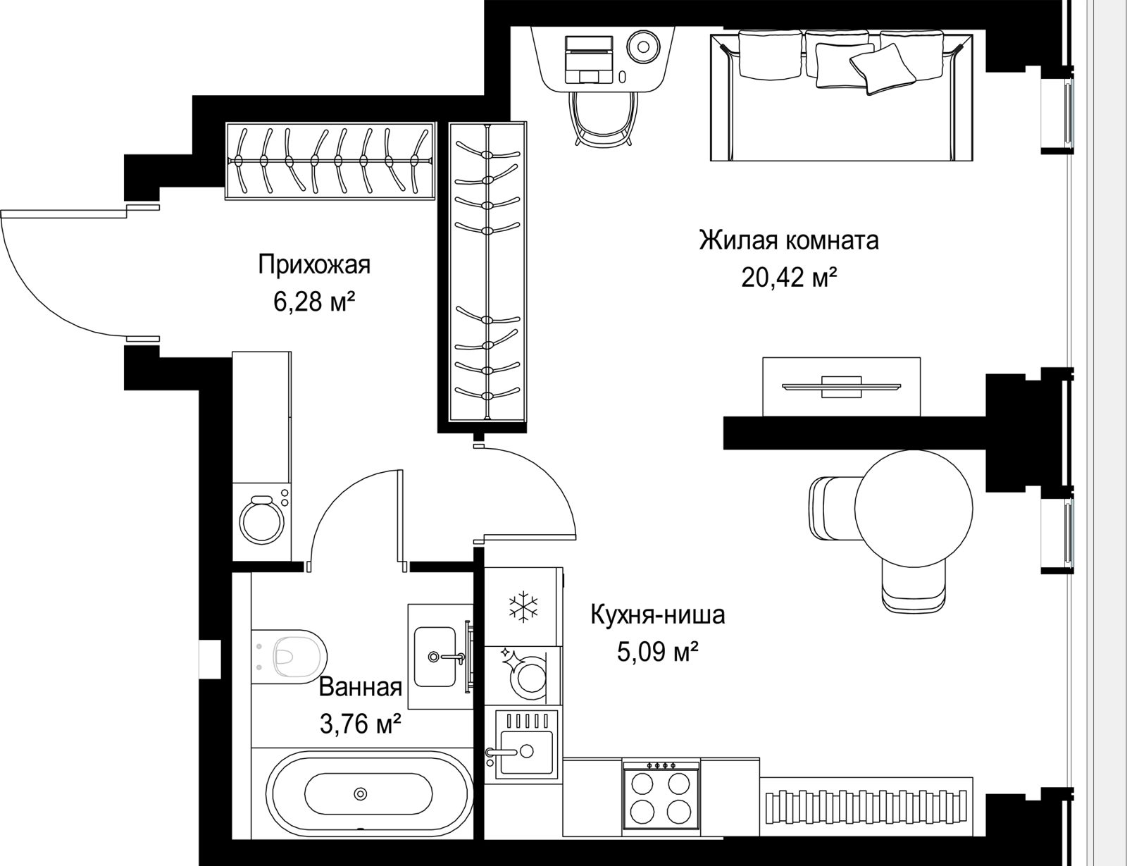 1-комнатная квартира, 35,5 м²