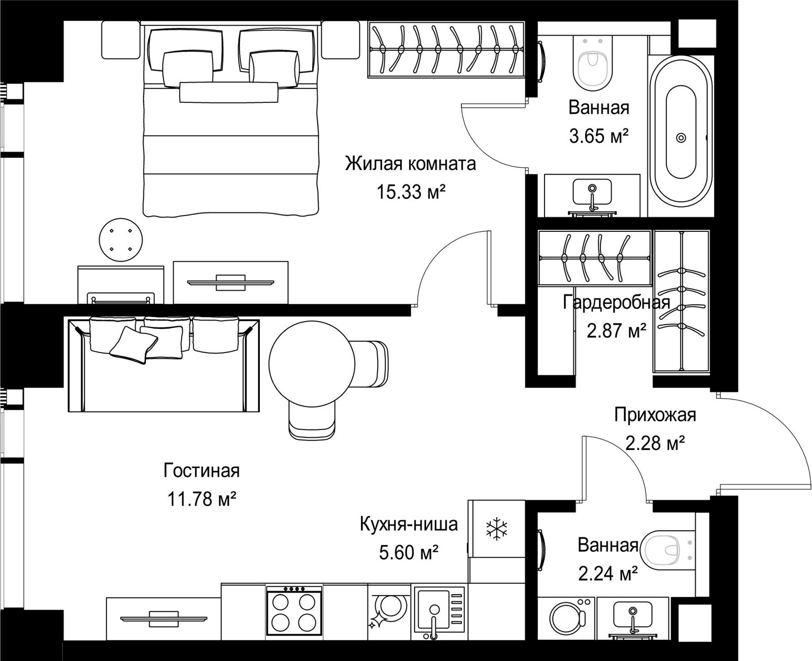 1-комнатная квартира, 43,8 м²