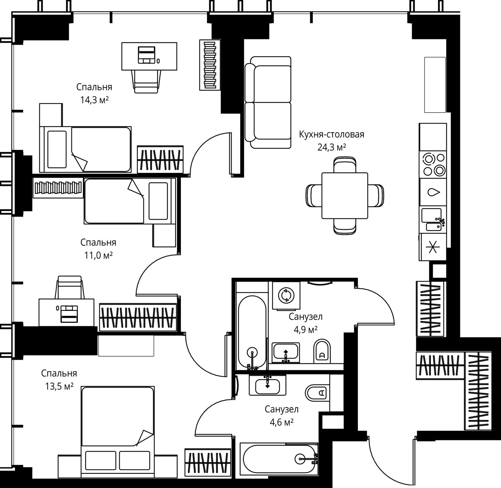 3-комнатная квартира, 84,9 м²