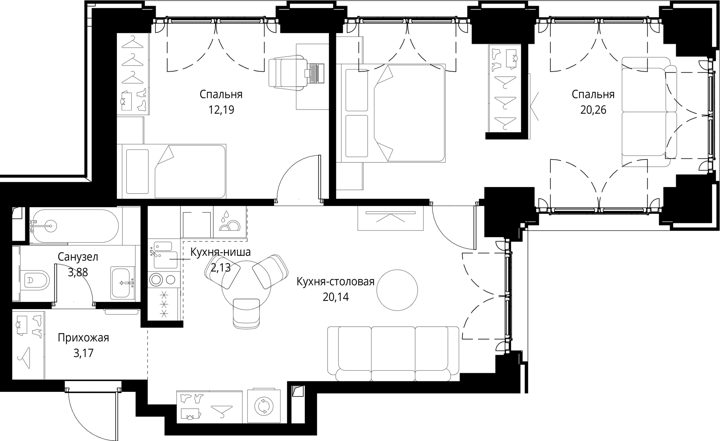 2-комнатная квартира, 61,8 м² — фото 1