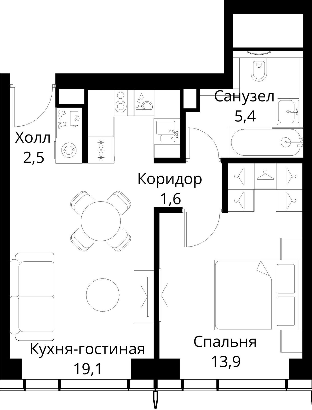 1-комнатная квартира, 42,5 м²
