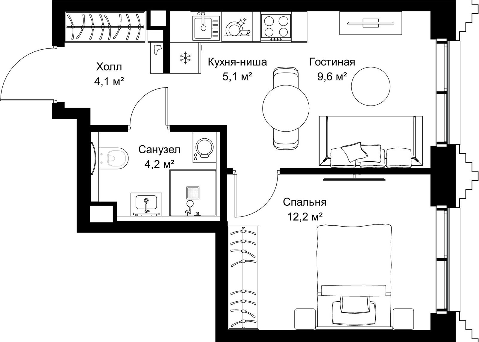 1-комнатная квартира, 35,2 м²