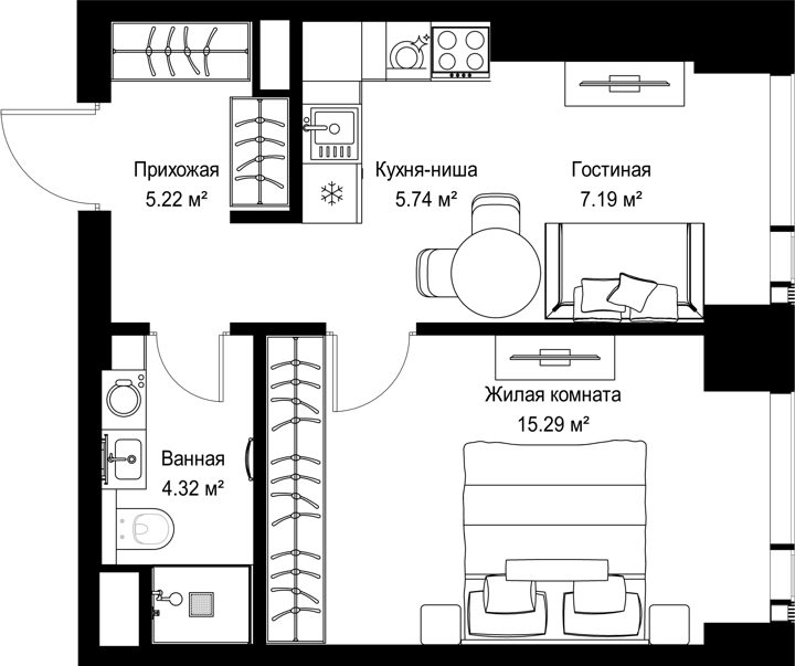 1-комнатная квартира, 37,8 м²