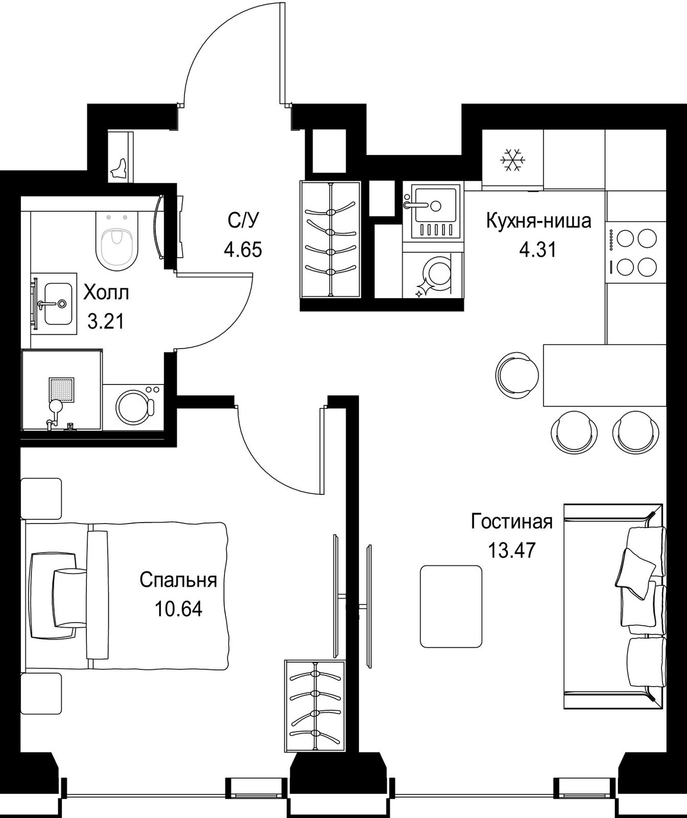 1-комнатная квартира, 36,3 м²