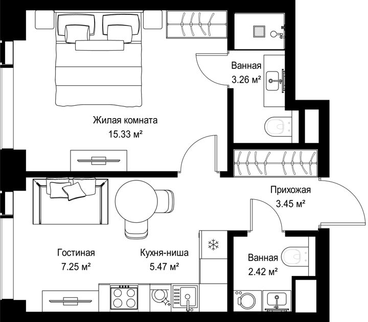 1-комнатная квартира, 37,2 м²