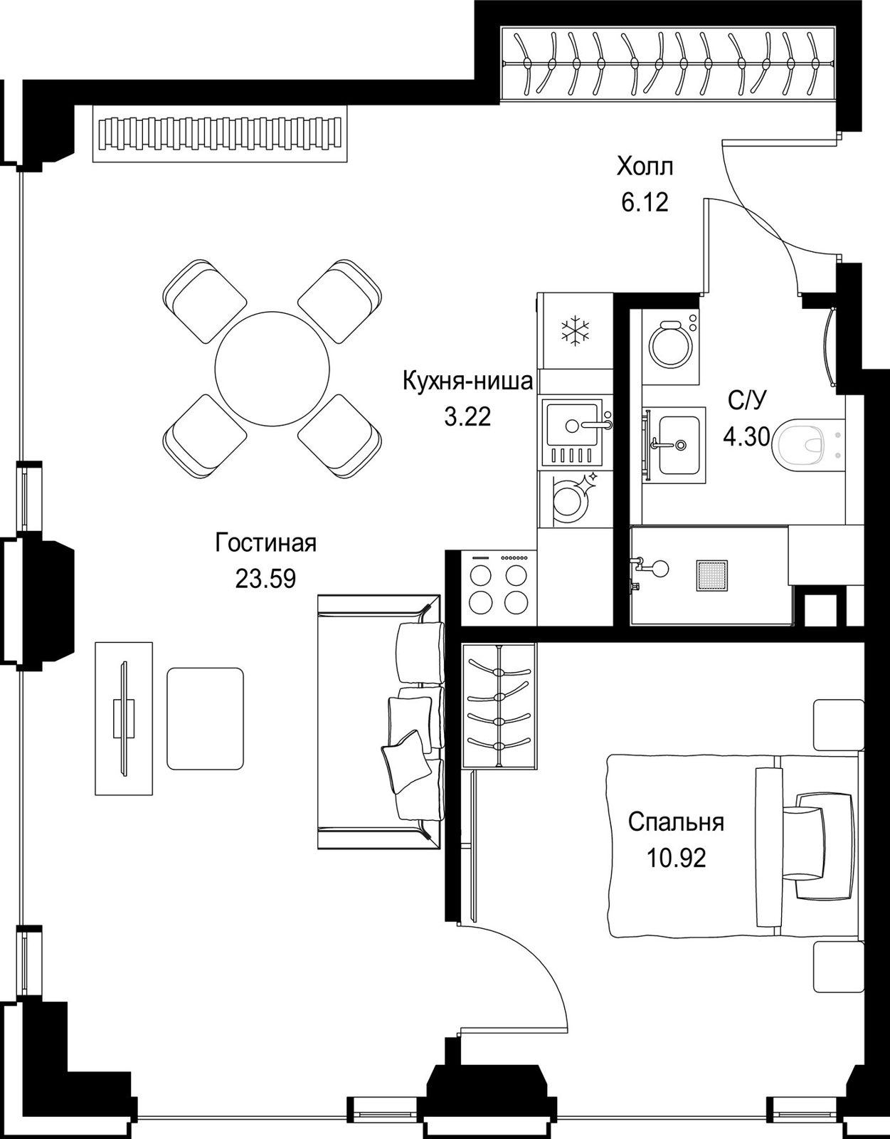 1-комнатная квартира, 48,1 м²