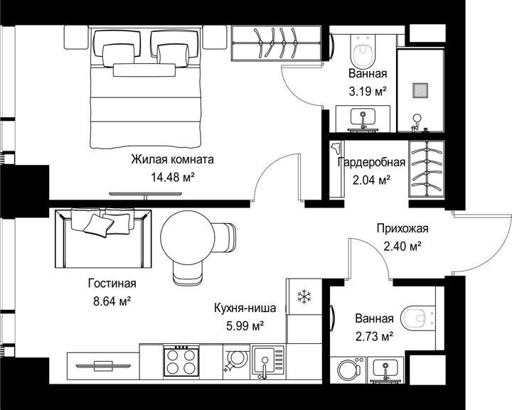 1-комнатная квартира, 39,5 м²