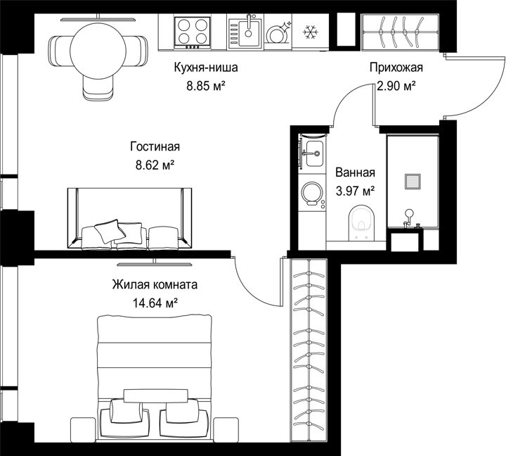 1-комнатная квартира, 39 м²
