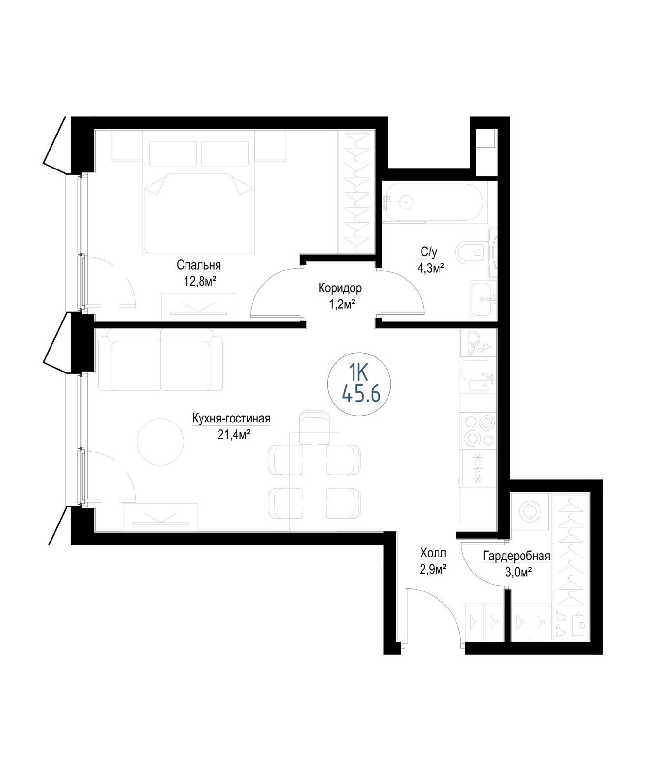 1-комнатная квартира, 45,1 м²