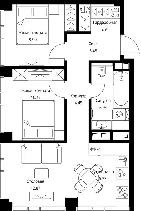 2-комнатная квартира, 56,3 м² — фото 1