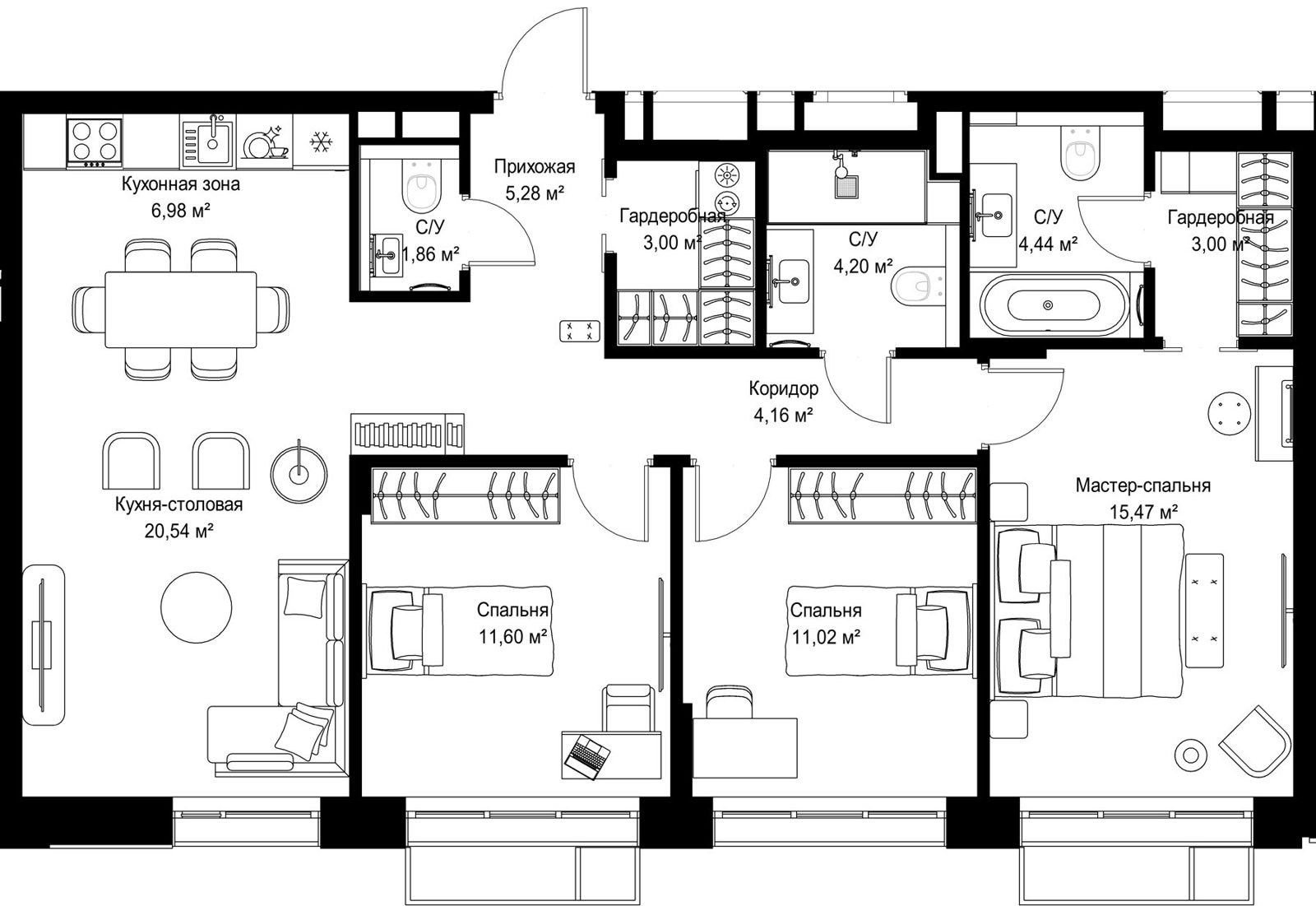 3-комнатная квартира, 91,5 м²