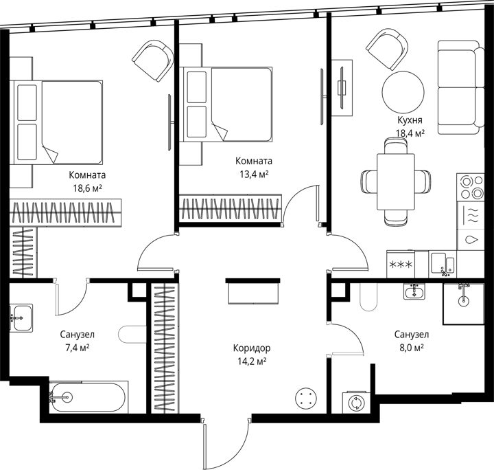 2-комнатная квартира, 80 м²