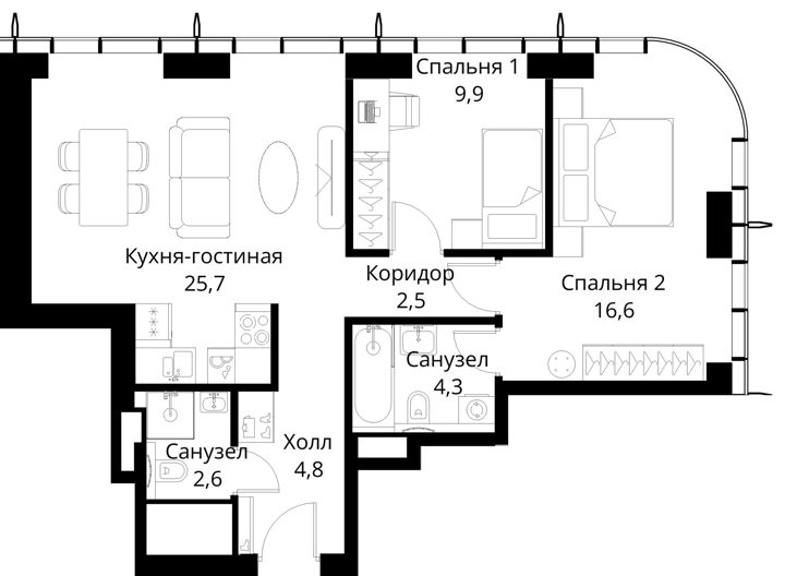 2-комнатная квартира, 66,4 м² — фото 1